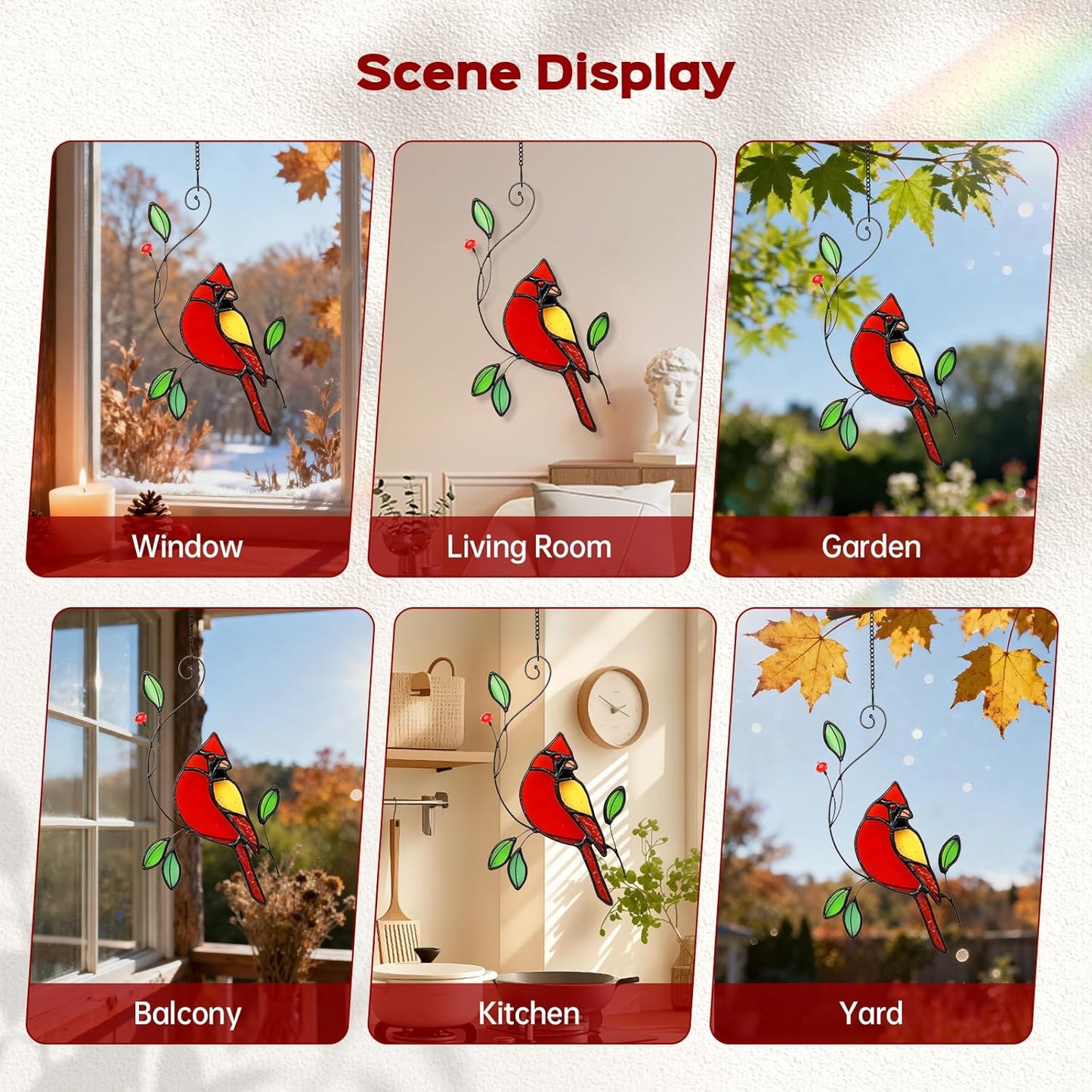 Cardinal Stained Glass Window Hanging, IDEA SHOW Red Cardinal Suncatcher, Real Glass Window Hanging Ornament, Handmade Bird Home Decor Memorial Gift for Women, Mom, Bird Lover