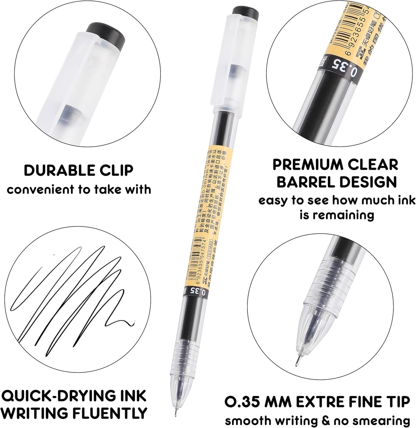 RIANCY Japanese Style Black Gel Ink Pens, 0.35mm Extra Fine Point, No 