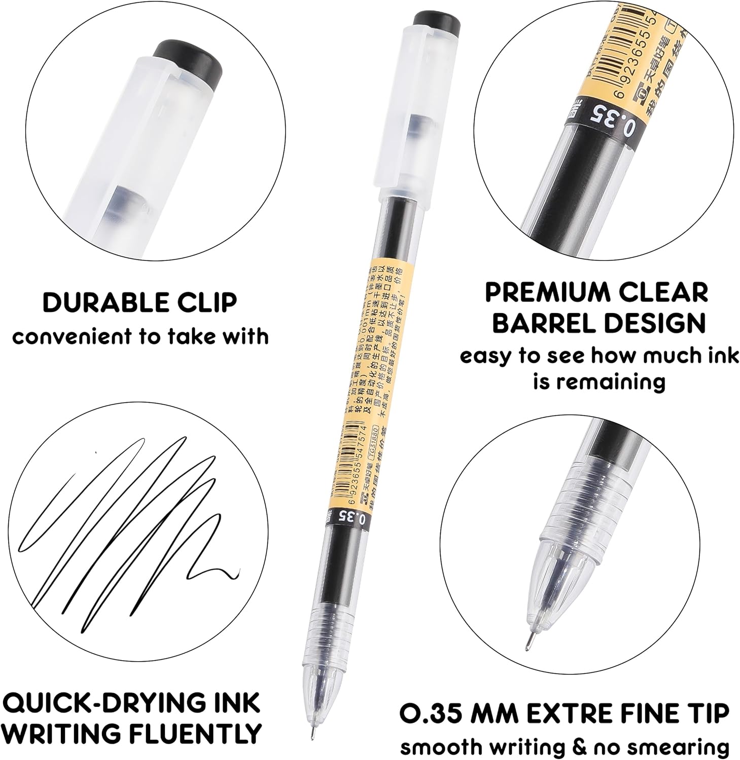 RIANCY Japanese Style Black Gel Ink Pens, 0.35mm Extra Fine Point, No 