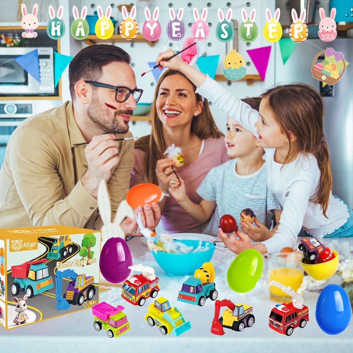 18 PCS Easter Egg Fillers with Toys Inside, Easter Basket Stuffers for Toddlers Filled Pull Back Engineering Vehicles Plastic Eggs Party Favors for Kids Egg Hunt Gift Easter Basket Essentials