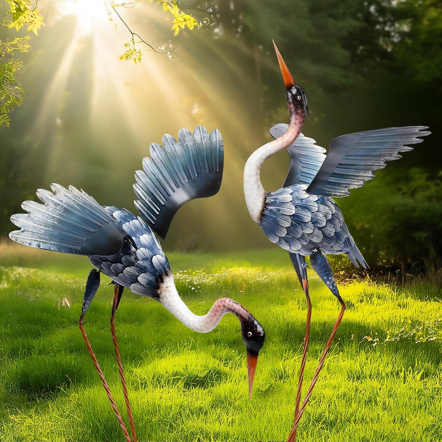 MUMTOP Crane Garden Statues for Outside, 2 Pack Blue Heron Garden Scul