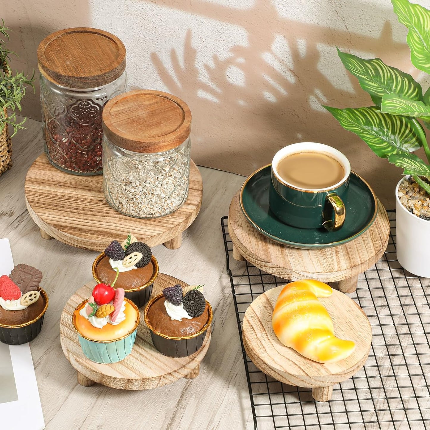 4 PCS Wooden Risers for Display, Wood Stool Round Pedestal Stand 8/7/6/5 Inch Mini Rustic Tiered Tray Riser Flower Pot Small Planter Holder for Home Kitchen Desktop Counter Room Patio Décor