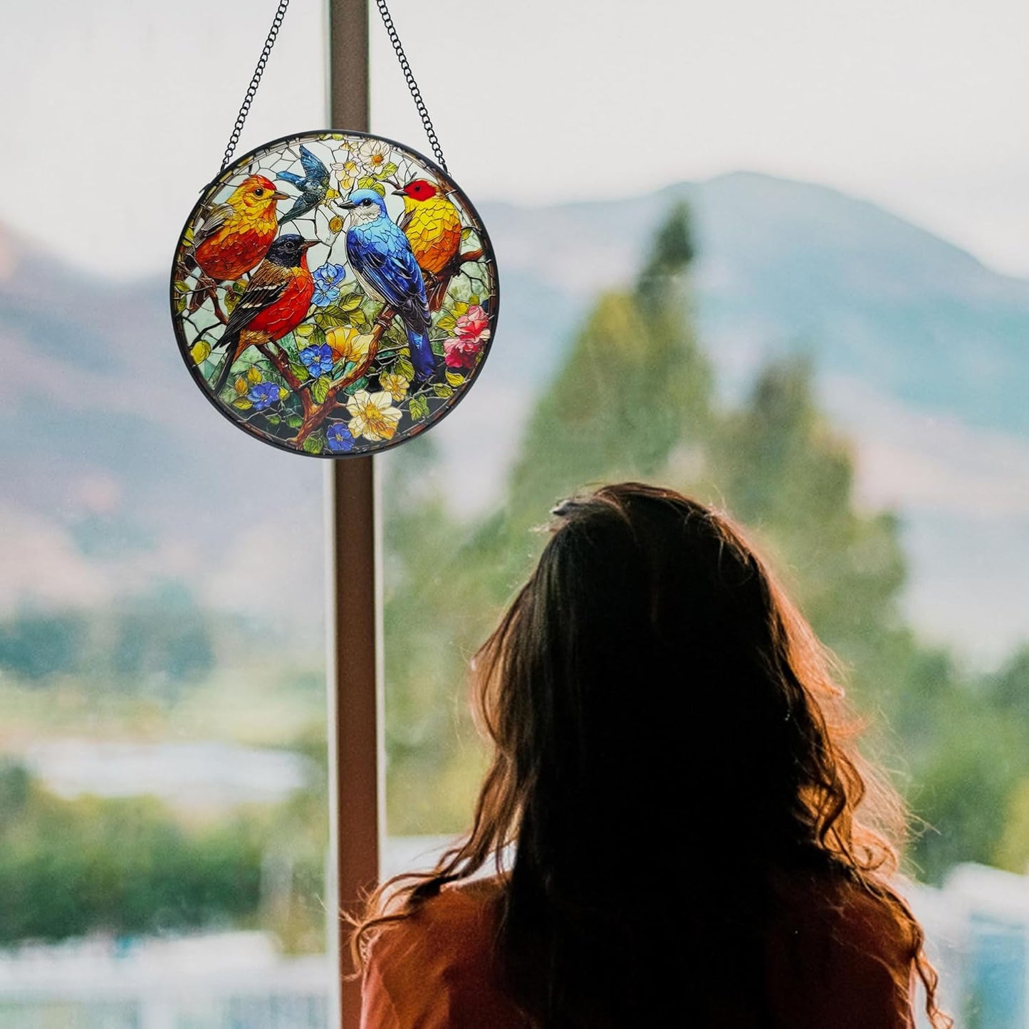 Birds on a Branch Stained Suncatcher for Windows Hanging, 7.8'' Animal Flower Scenery Stained Glass Window Hanging Home Garden Decor, Hand-Painted Glass Gifts for Birds Lovers, Mom