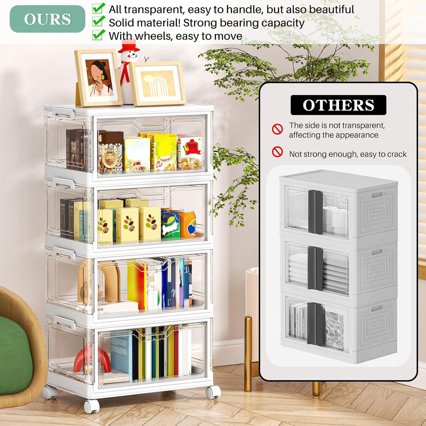 Clear Storage Bins with Lids - 4 Tier Plastic Bins with Wheels, Stackable Storage Bin, Closet Organizers Box for Bedroom, Living Room, 23 QT Folding Box with Magnetic door