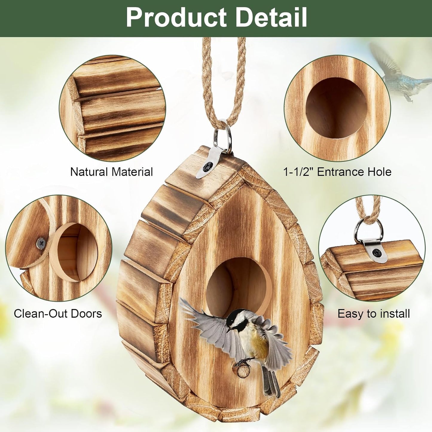 Hummingbird House for Outside - Natural Wooden Birdhouse for Bluebirds, Finches, Cardinals - Small Hanging Bird Nesting Box for Garden, Patio, or Yard - 5.9" D x 4.1" W x 3.8" H