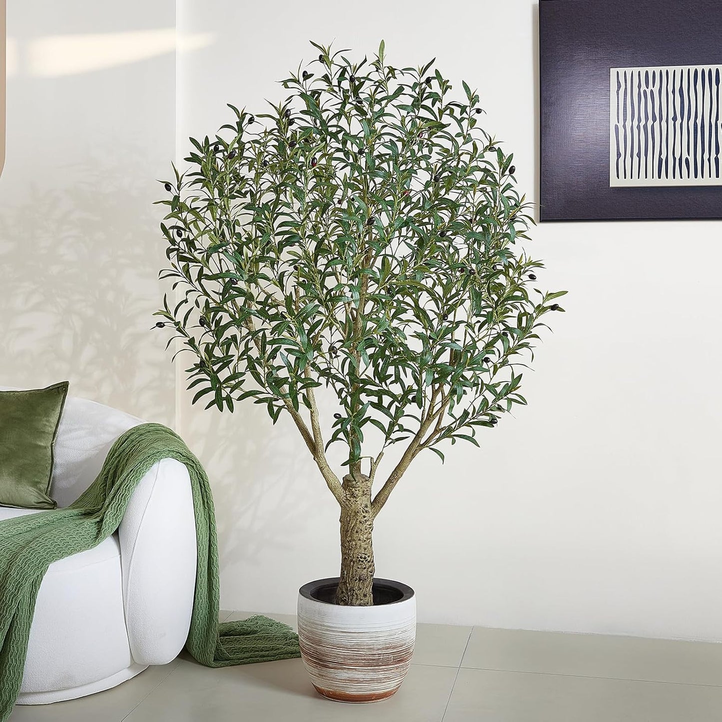 Olive Tree Artificial 6FT Tall - UV Resistant Faux Olive Trees with Strong Trunk for Outdoor - Large Potted Silk Fake Plant for Indoor Home Living Room Office Patio Decor, VN160
