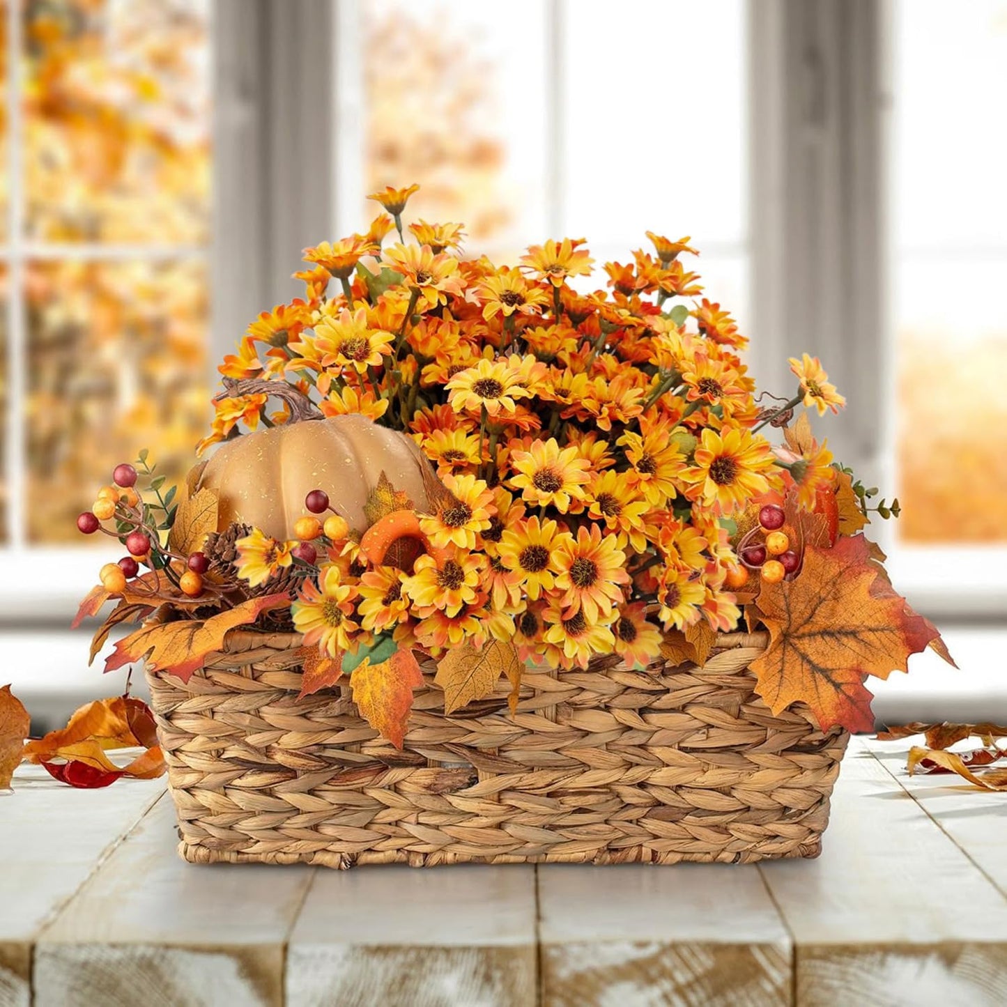 10 Bundles Artificial Fall Flowers Fake Mums Outdoor No Fade Faux Silk Daisy Bulk Plants Flower Arrangements for Autumn Home Outside Porch Patio Farmhouse Garden Pots Planter Decor