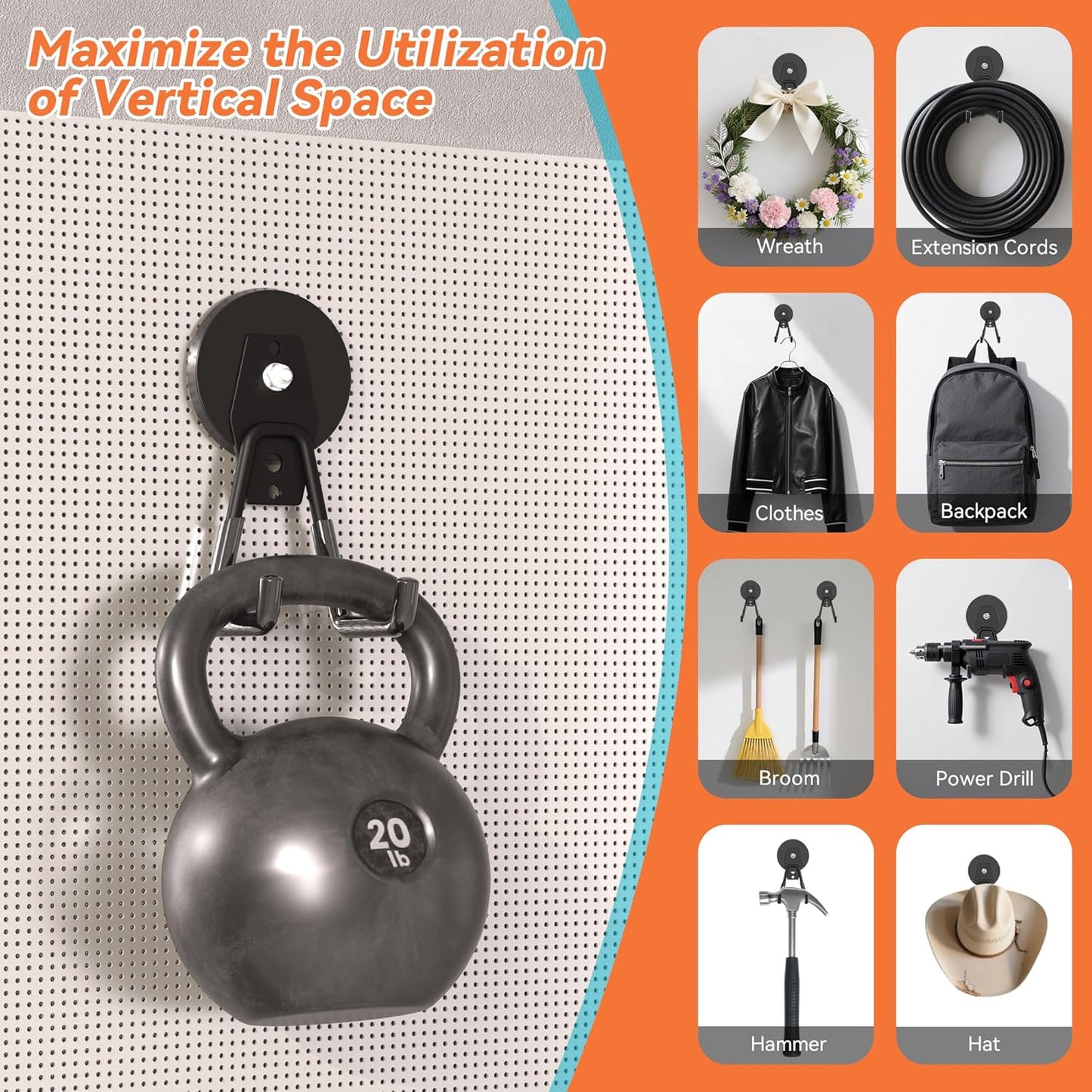 6 Pack Heavy Duty Storage Magnetic Utility Hooks, Ndfeb Strong Large Garage Magnet Hooks, Extra Big Magnetic Hook, Industrial Magnet Holder for Hanging Power Drill Broom Garden Tools Pegboard