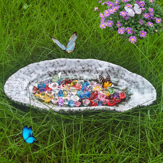 Butterfly Feeder - Outdoor Ceramic Butterfly Puddler and Bee Watering Station with Colored Glass Bead - Garden Decor for Feeding Butterflies and Bees