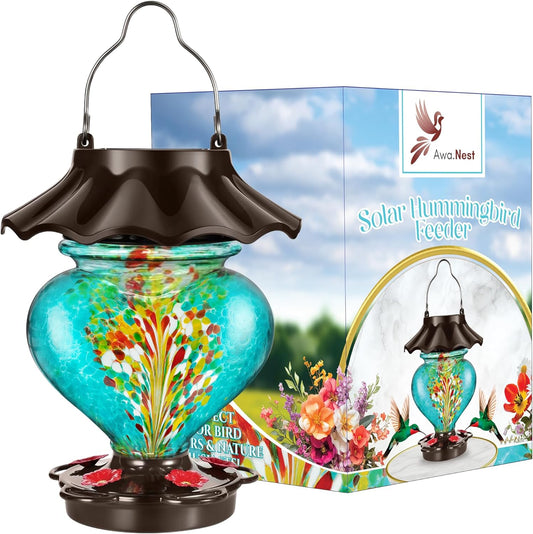 Solar Hummingbird Feeder for Outdoors Hanging, 33oz Heart-Shaped Hand-Blown Glass, Leak-Proof & Rustproof, LED Lighted Garden Decoration, Includes 2 Hooks (Teal)