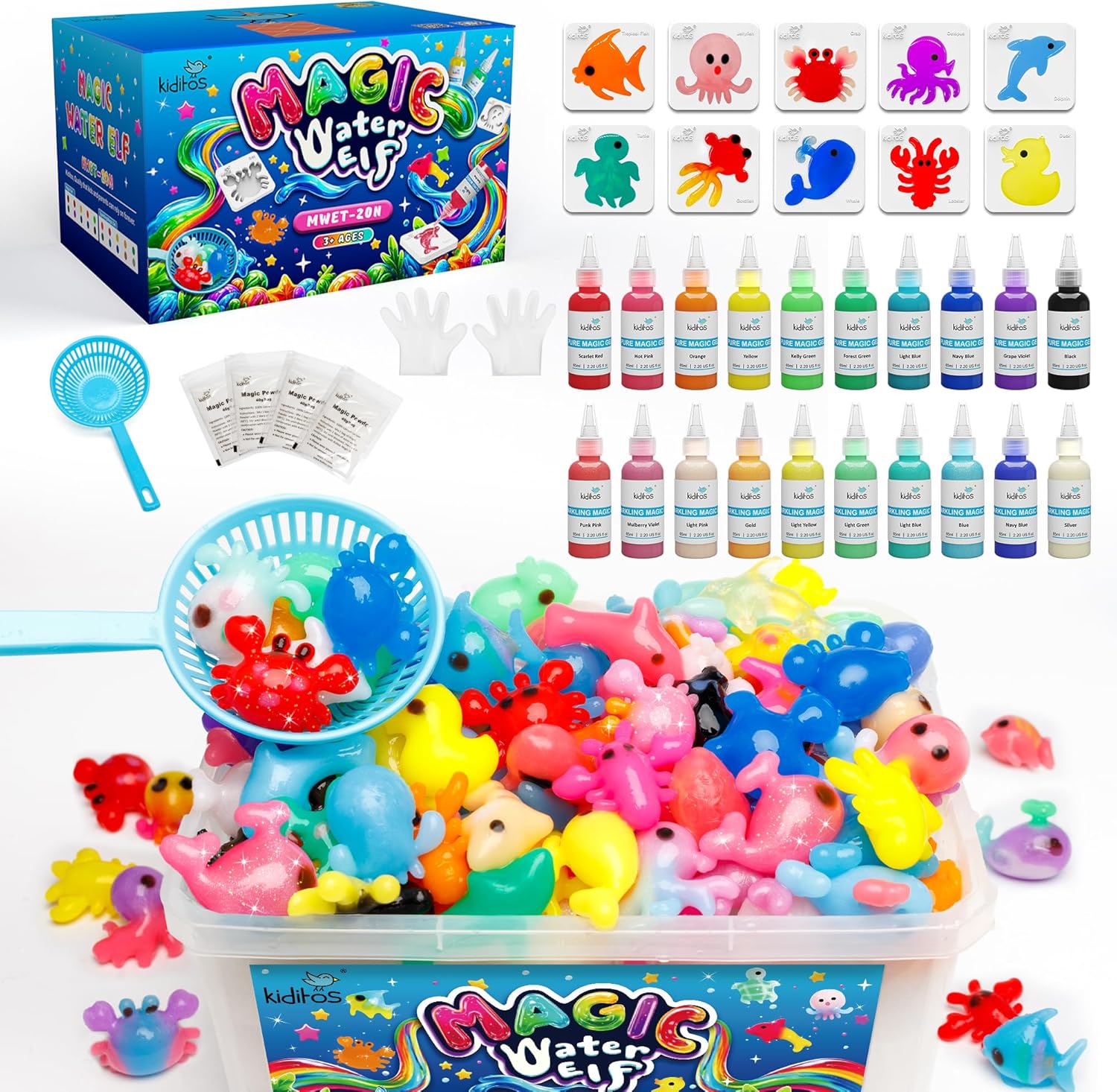 Kiditos Magic Water Elf Toy Kit – Squishies for Kids, 20 Gels & 10 Mol
