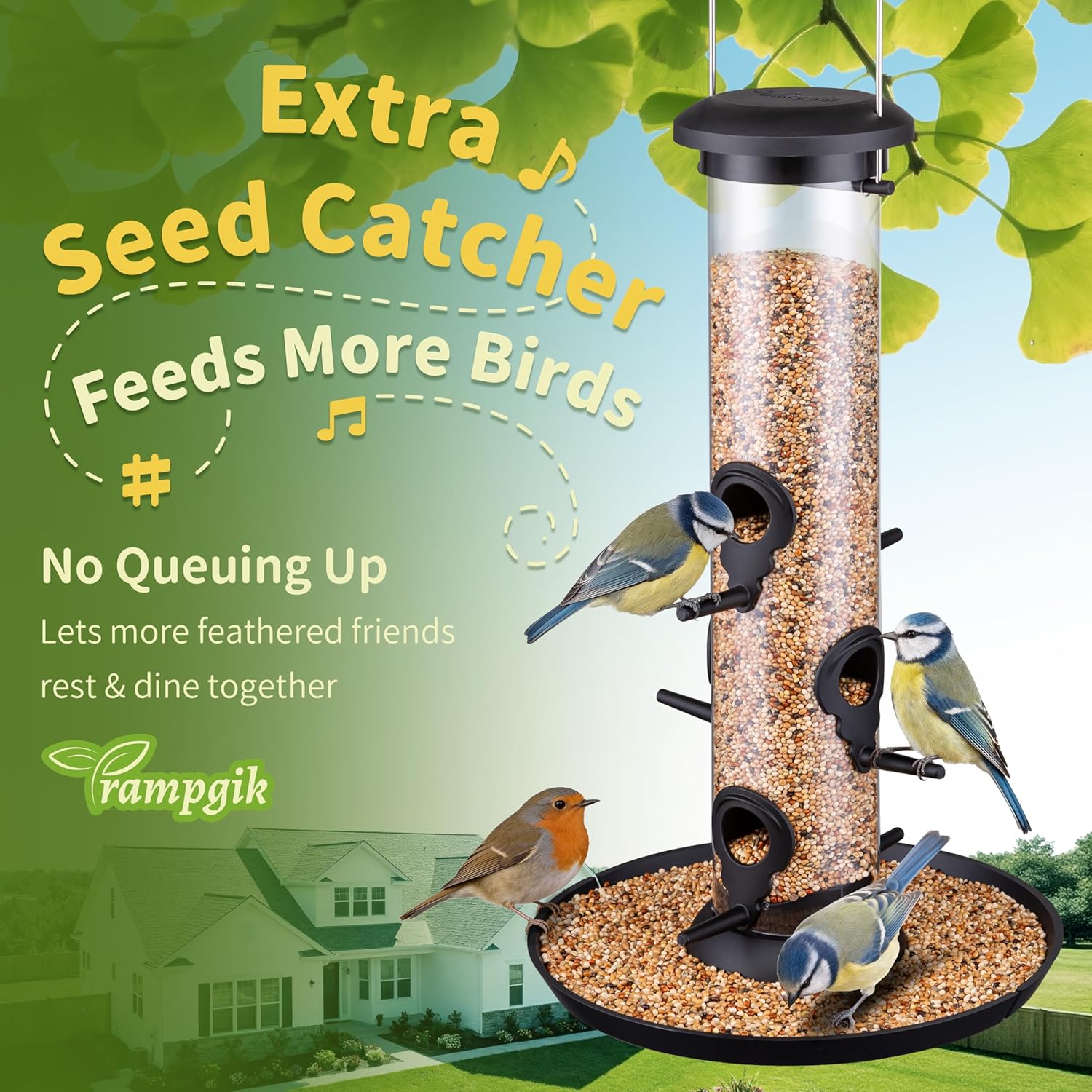 Bird Feeders for Outdoors Seed Catcher,6 Port Wild Bird Feeders with T