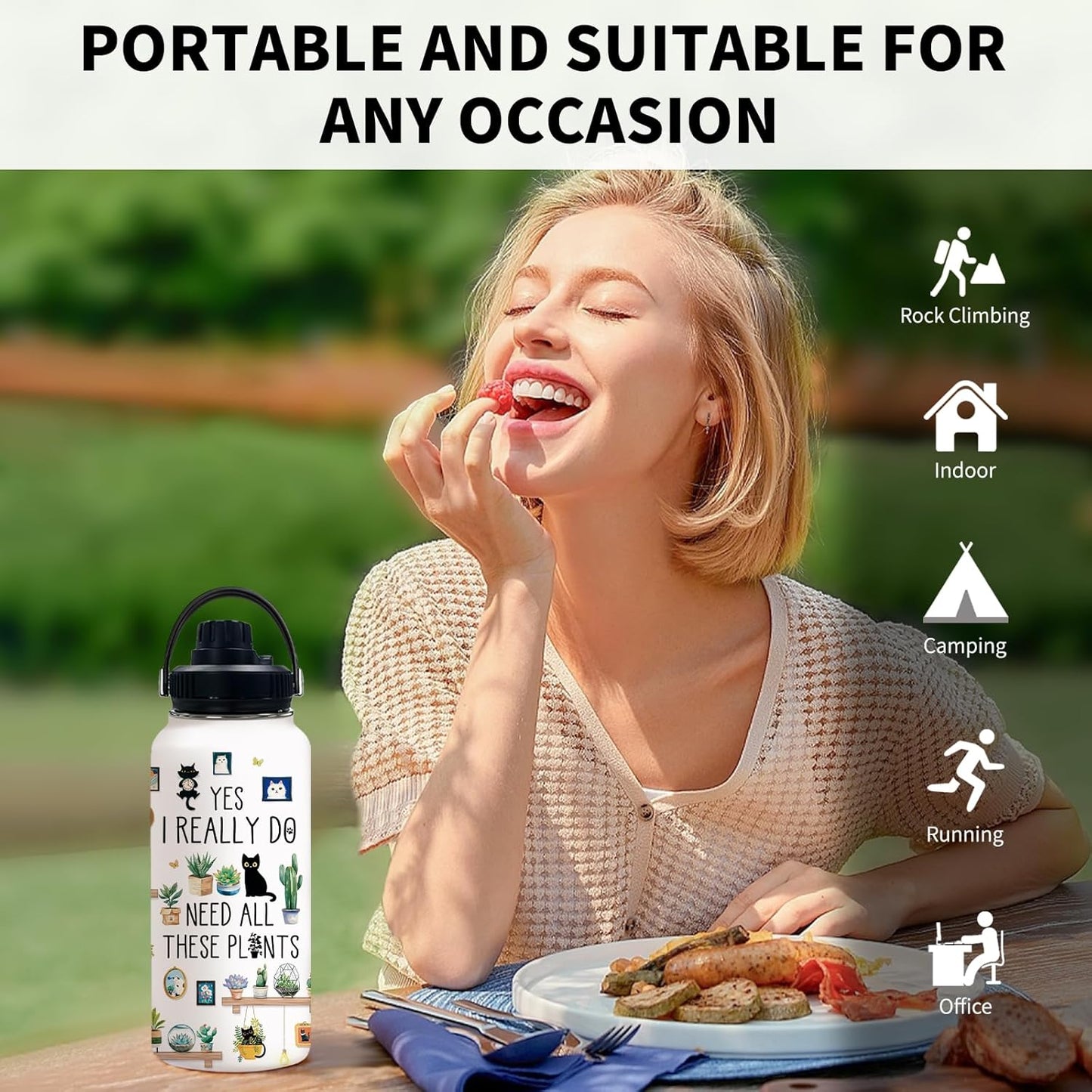 Gardening Gifts for Women, Plants Cat Water Bottle with Lid 32oz, Garden Gift for Plant Lovers Gardeners Lady Women, Plant Travel Cup Insulated Tumbler for Thanksgiving Christmas, 1 PCS
