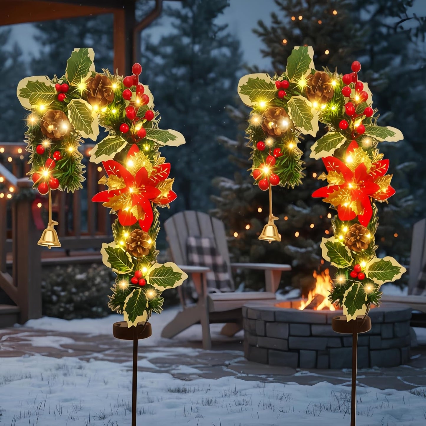 Solar Candy Cane Pathway Lights Outdoor, 2 Pack Solar Christmas Stakes with Poinsettia, Pinecones & Holly, Waterproof LED Yard Decorations, Solar Garden Lights for Walkway, Driveway & Holiday Decor