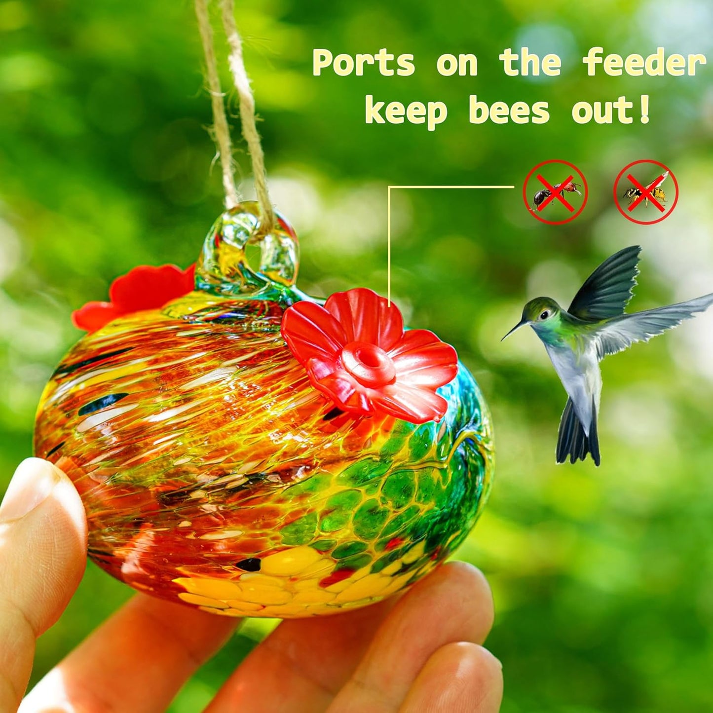 3inch Hand Blown Glass Hummingbird Feeders for Outdoors with 2 Feeding Ports Leak Proof Small Glass Humming Bird Feeder for Window Garden Patio Decoration