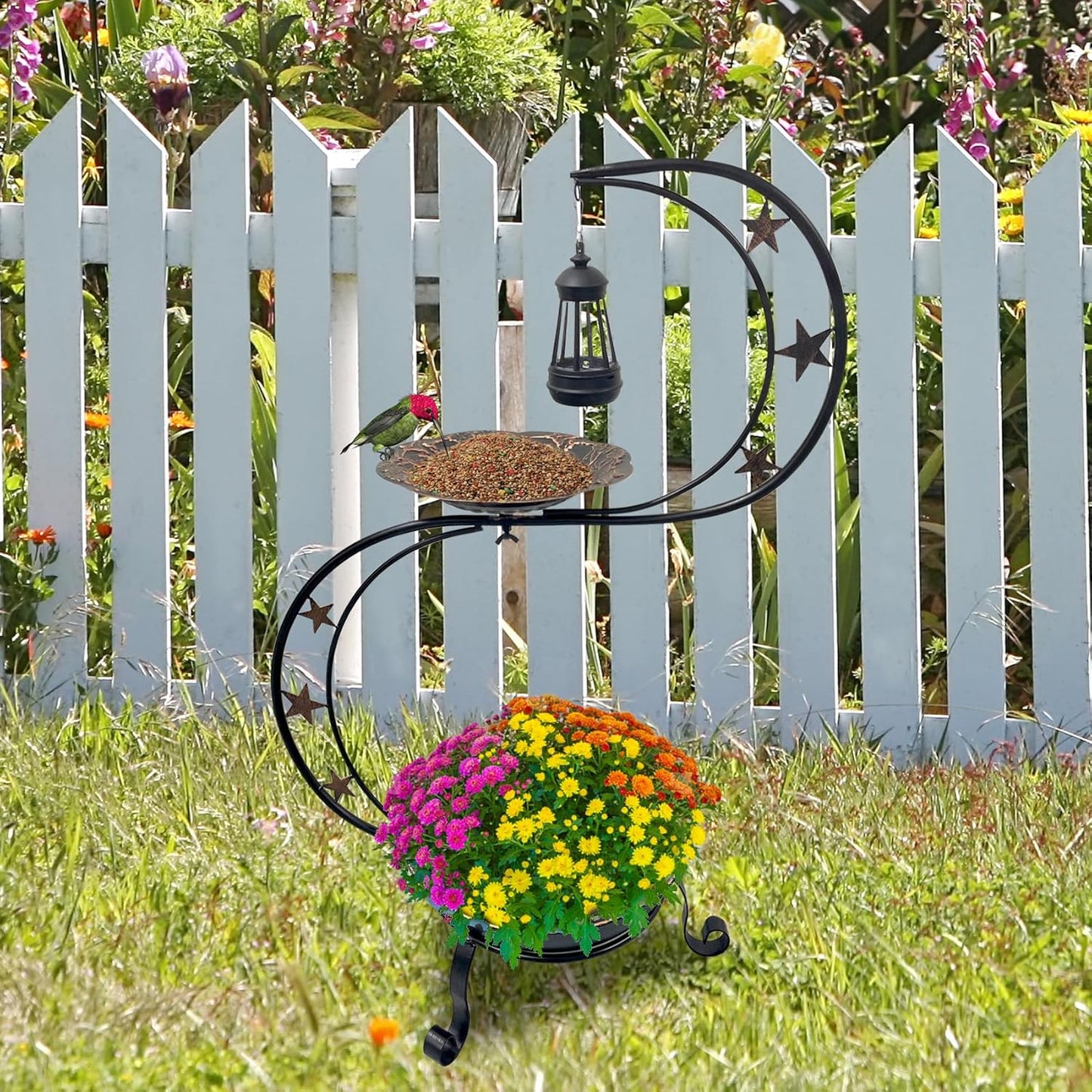 Solar Bird Bath for Outside, Vintage Metal Bath Bowl Standing Birdbaths with Flower Planter for Garden Yard Lawn Decor