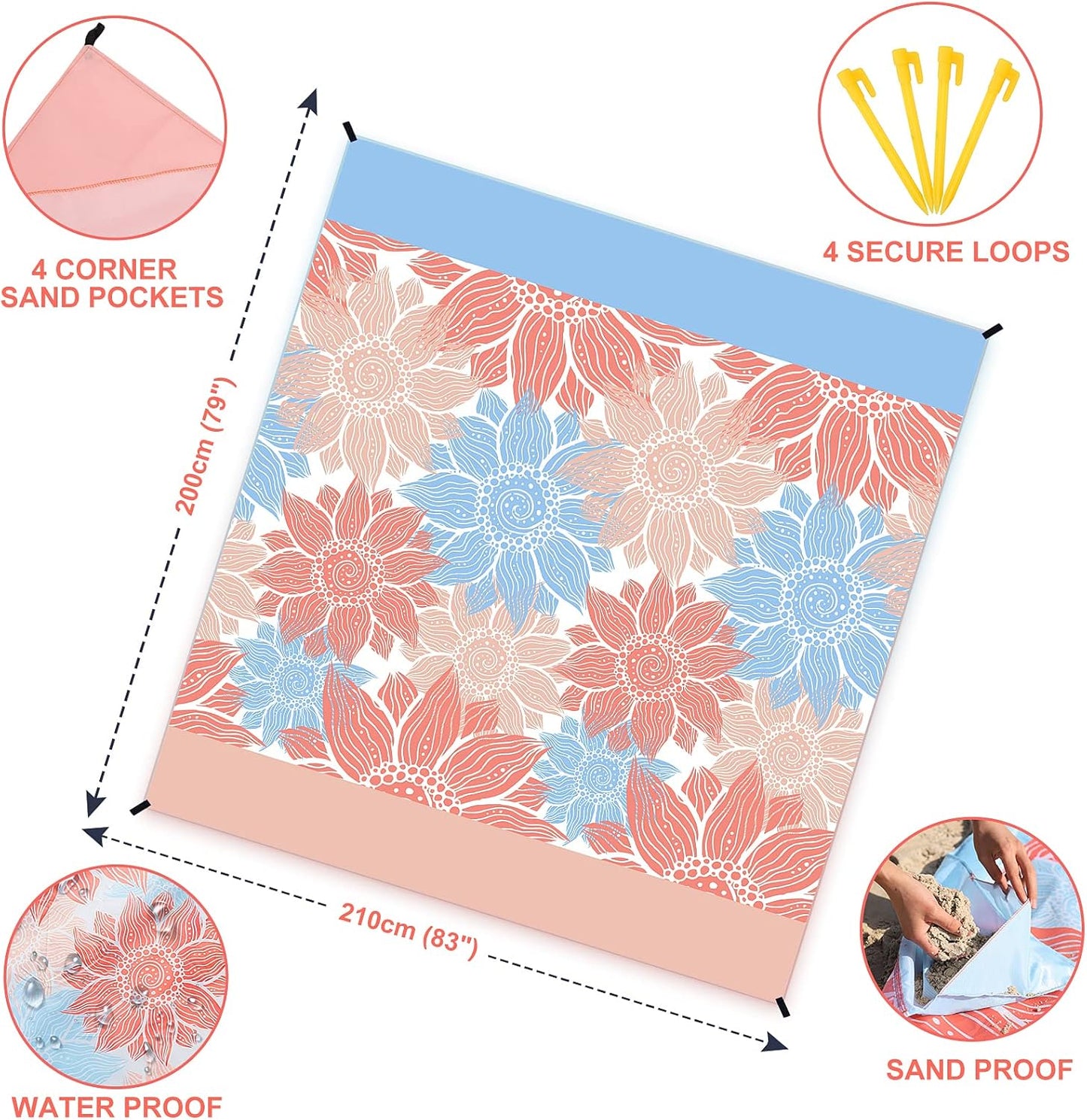 Beach Blanket Sandproof Extra Large Beach Mat Adults Waterproof Quick Drying Sand Free Mat Made by Premium Polyester with 4 Stakes & 4 Corner Pockets for Outdoor Travel Camping Hiking