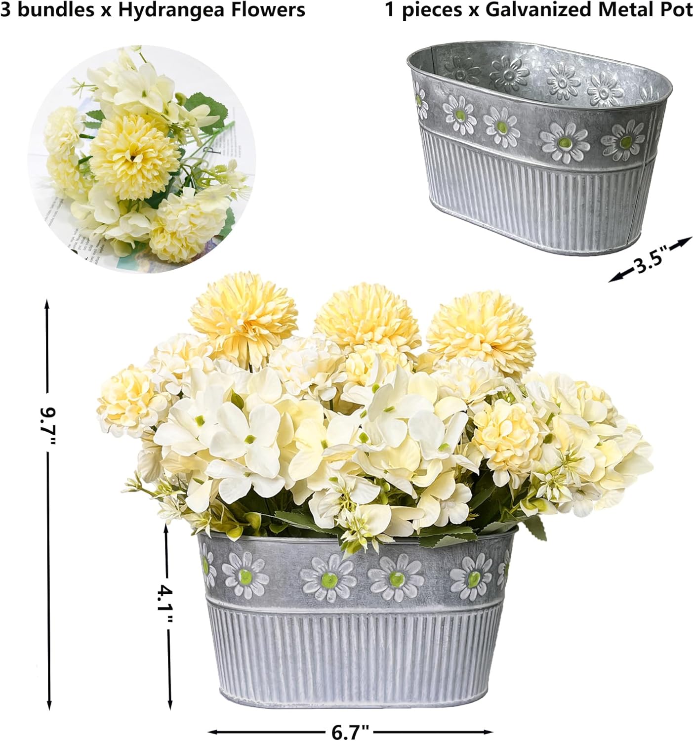 Artificial Flowers in Pot, Fake Silk Hydrangea Flower Arrangement Table Centerpiece for Home Decoration, Yellow