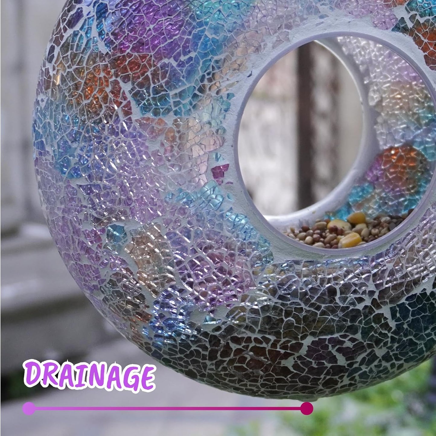 Solar Fly Through Bird Feeder with Mosaic Glass – Handmade Outdoor Hanging Feeder, 1lb Capacity, Solar Lights, Weatherproof & Bird Lover Gift (9.25” Doughnut, Tesserae)