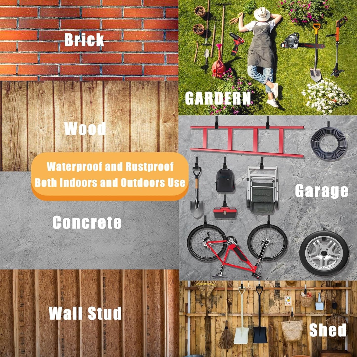 Heavy Duty Utility Hook System - Wall Mounted Garage Hooks for Bikes, Ladders, Tools & More - Black