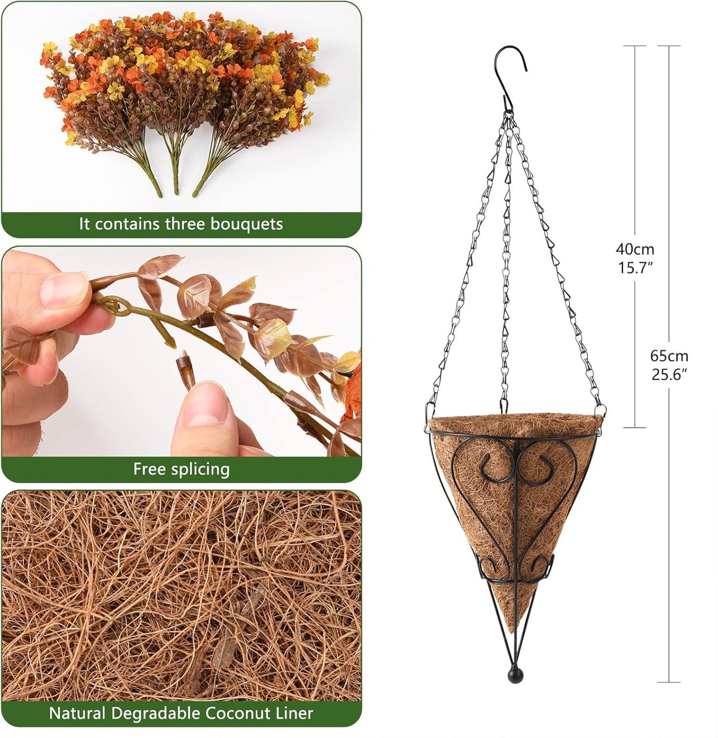 Homsunny Artificial Fsll Faux Hanging Flowers Plants Basket for Outdoor Decoration,Fake Silk Orange Mums planters UV Resistant Look Real for Home Porch Patio Yard Outside Autumn Decor (Yellow Orange)