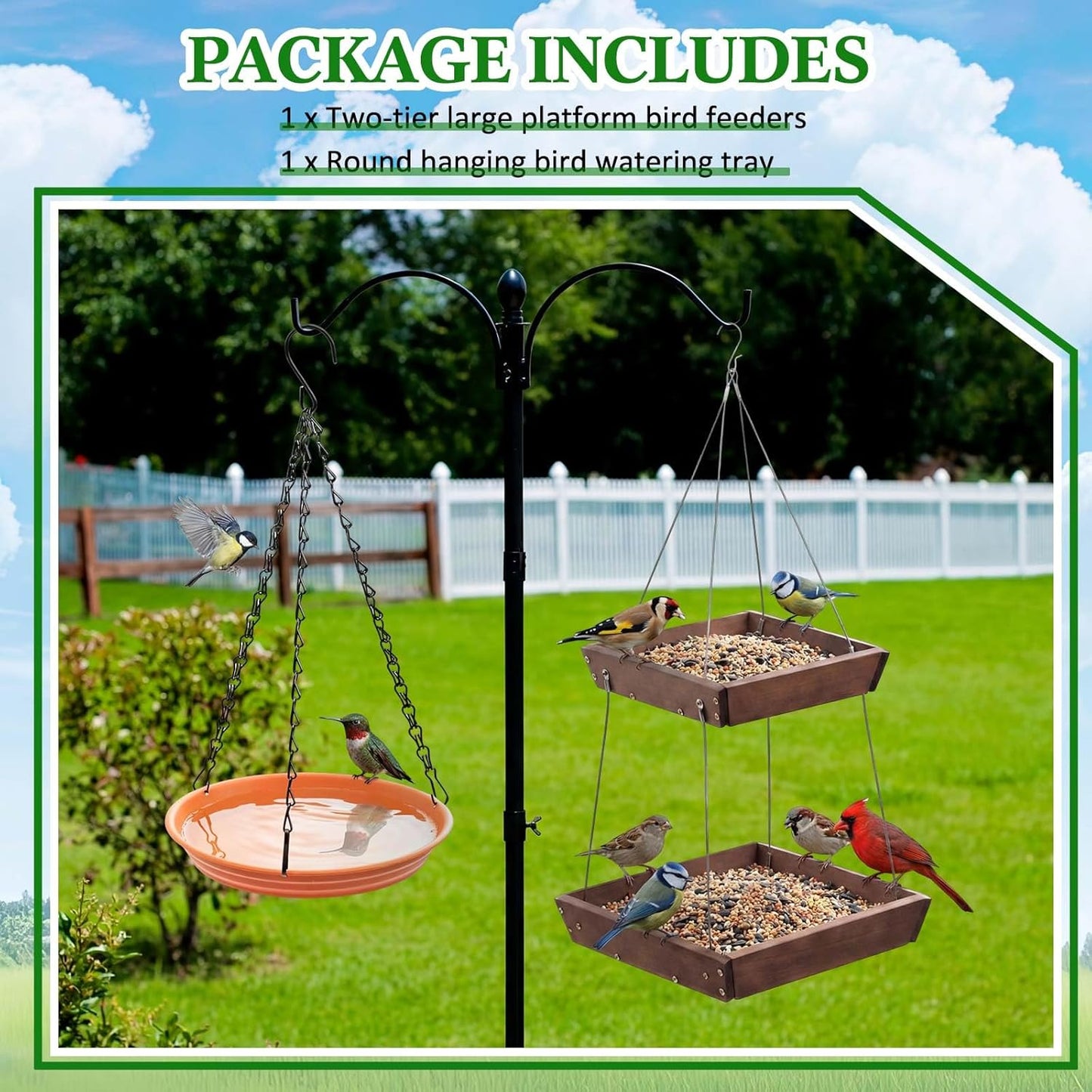 2 Tier Large Platform Cedar Bird Feeders with Round Hanging Birds Watering Tray, Bird Bath, Wooden Mesh Seed Tray Platform for Outdoors Garden Decor, for Cardinal Blue Jay