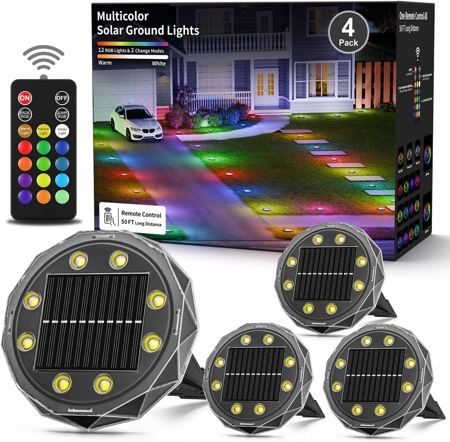 Solar Ground Lights with Remote, 15 Multi Color Solar Garden Lights Wa