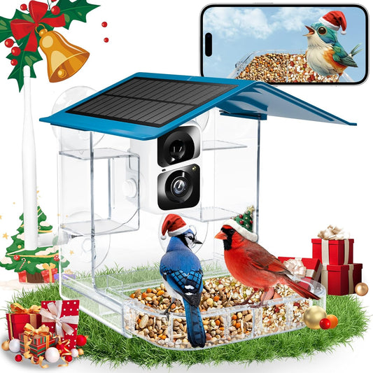 Smart Bird Feeder with Camera Solar Powered, 2.4Ghz/5Ghz WiFi Instant Notifications Smart Window Bird Feeder for Outdoor, 2K HD AI Identify Birds SpeciesGifts for BirdLovers Kids Grandparents