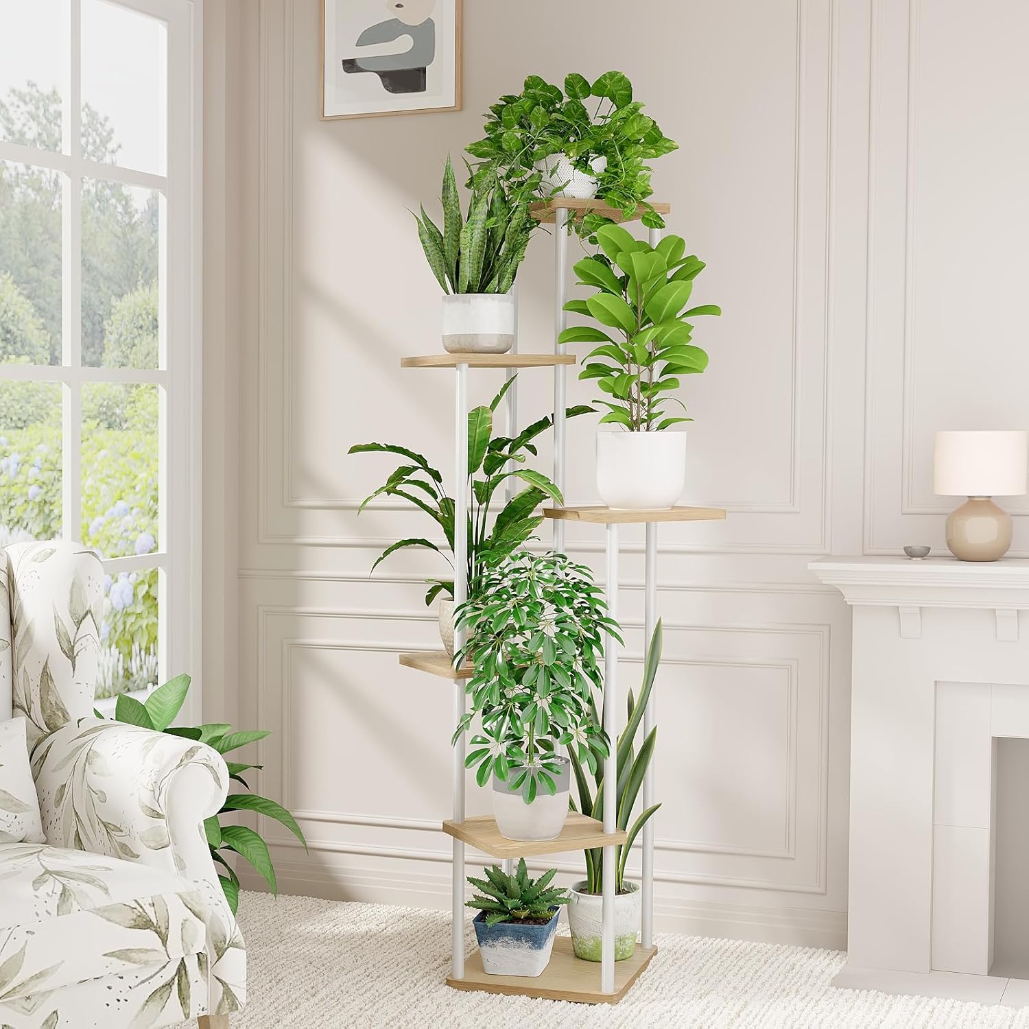 Bamworld White Plant Stand Indoor 6 Tier Metal Plant Shelf for Multipl