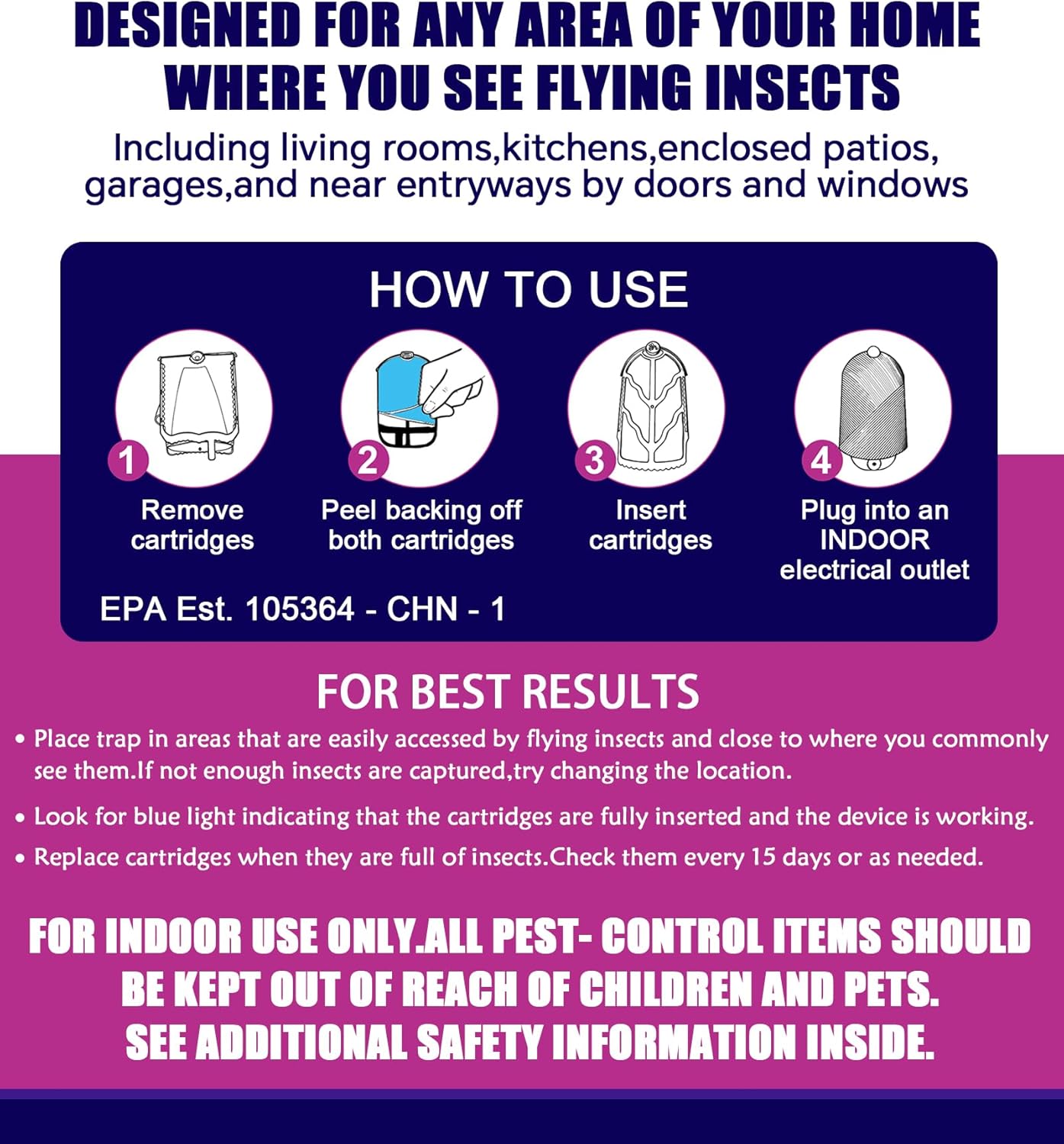 Flying Insect Trap (1 Stater & 3 Refill Cartridges), UV Light Indoor B