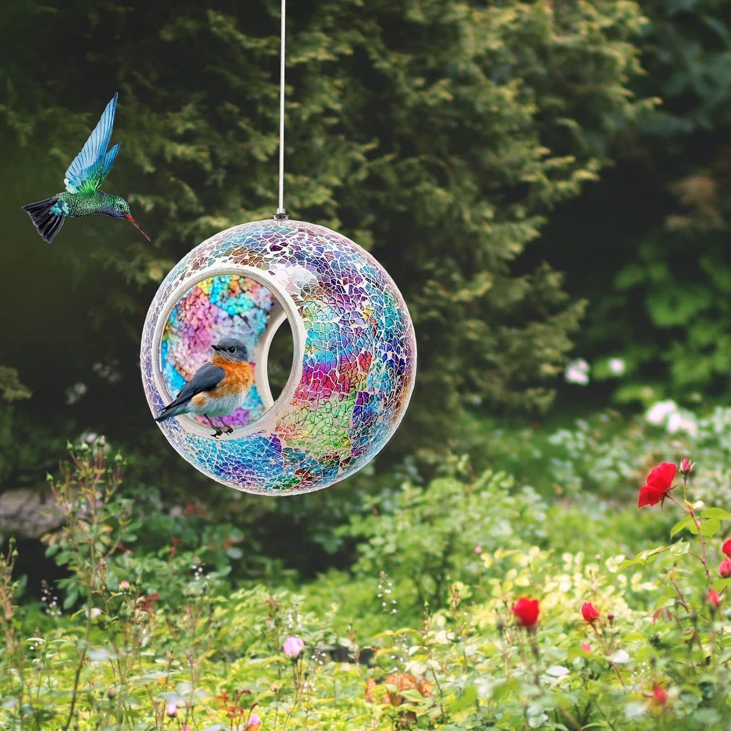 Bird Feeder Mosaic Fly Through Bird Feeder for Outside Hanging with Round Shape Glass Feeders to Attract Wild Birds for Garden, Deck, Yard, Backyard and Porch Decor, 7-Inch