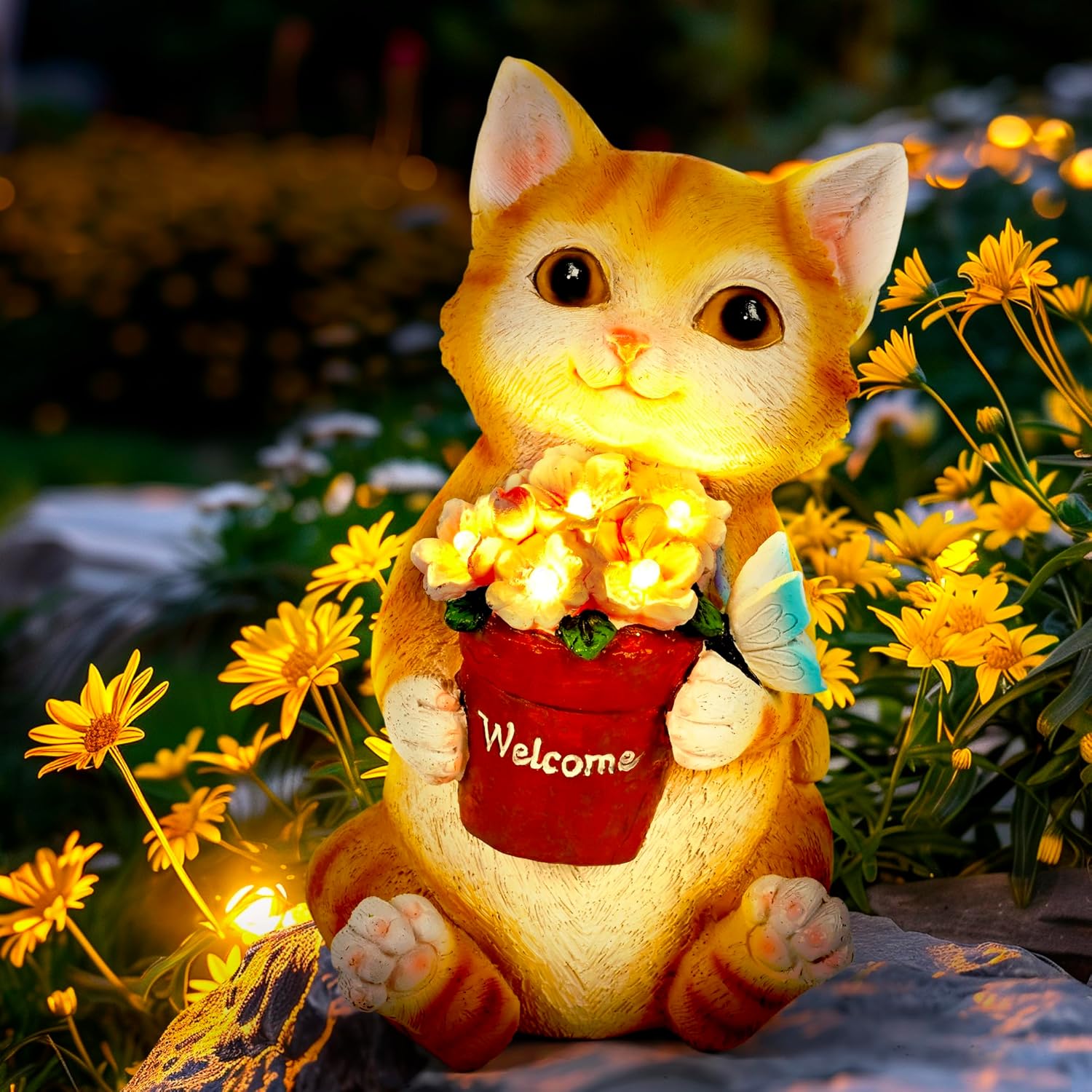 GIGALUMI Solar Garden Decor Flower Pot Cat Statues Outdoor, Birthday G