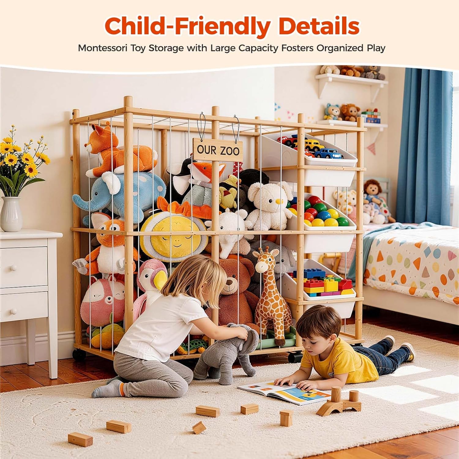 Toy Storage Organizer with 3 Removable Bins, Kids Storage Toy Shelf Or