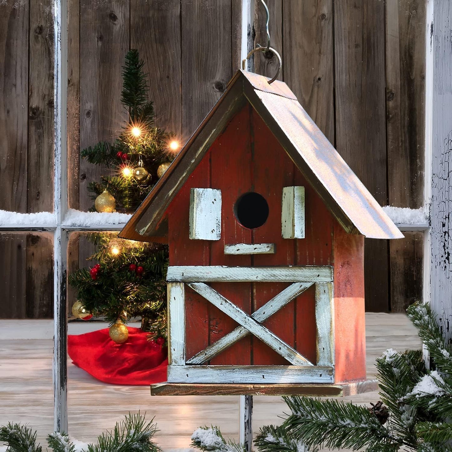 Topadorn Birdhouse, 10.5" H Hanging Wooden Garden Bird House for Outside, Unique for Bird Lovers, Outdoor Holiday Garden Decor for Blue Bird, Cardinals, Sparrow, Chickadee