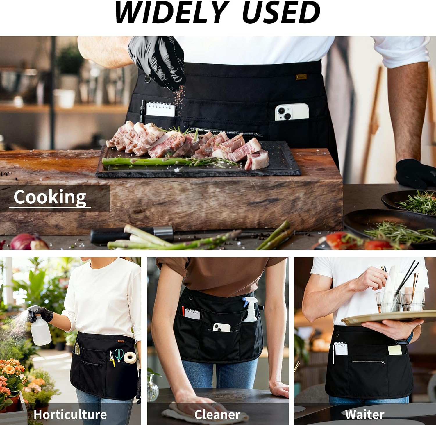 BOHARERS Black Waitress Apron 7 Pockets Server Apron with Buckle Closu