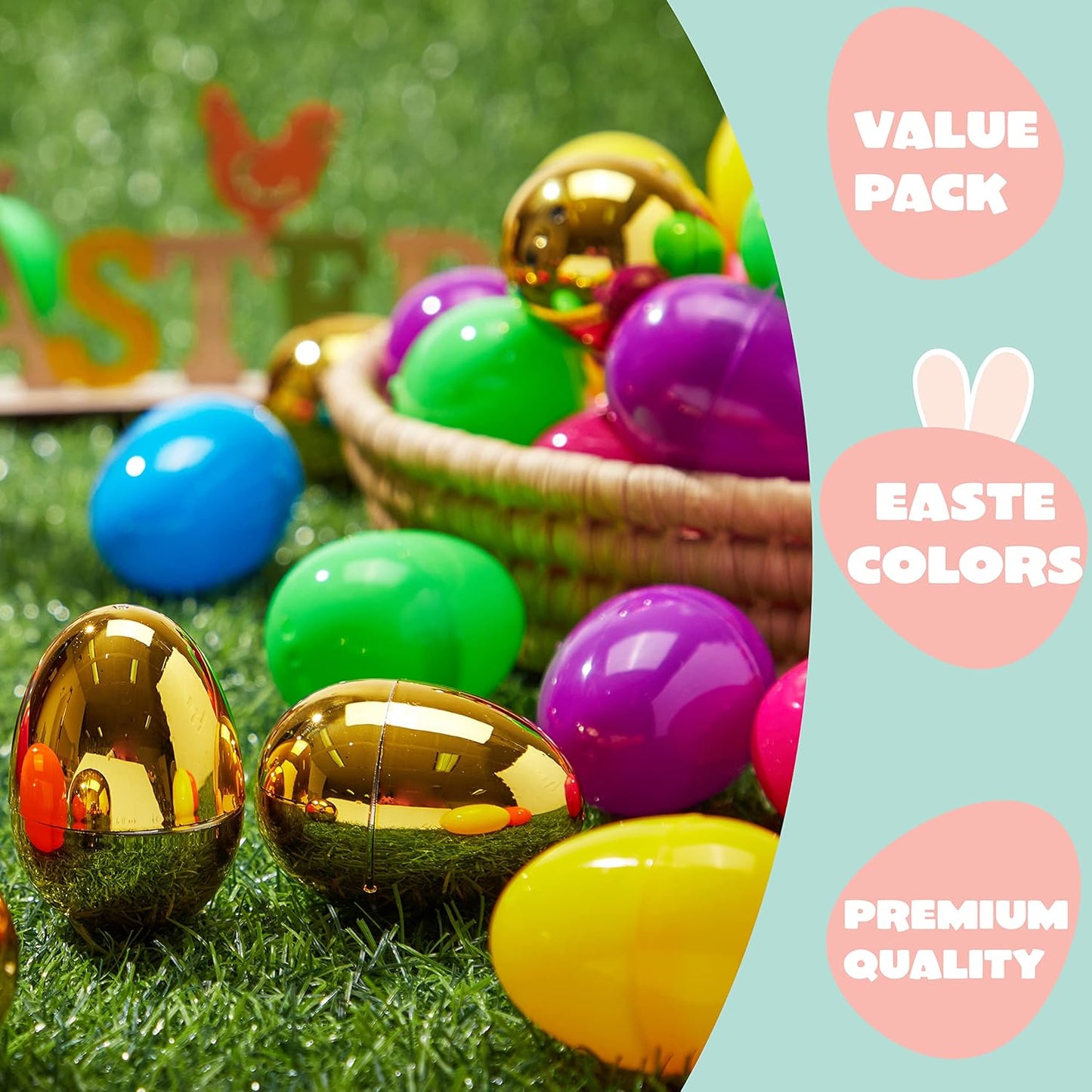 JOYIN 50PCS Plastic Easter Eggs, Empty 2.3" 44PCS Colorful with 6PCS Golden Eggs Bulk Fillable for Easter Hunt Party Favor Basket Stuffers Filler Classroom Prize Supplies Decor