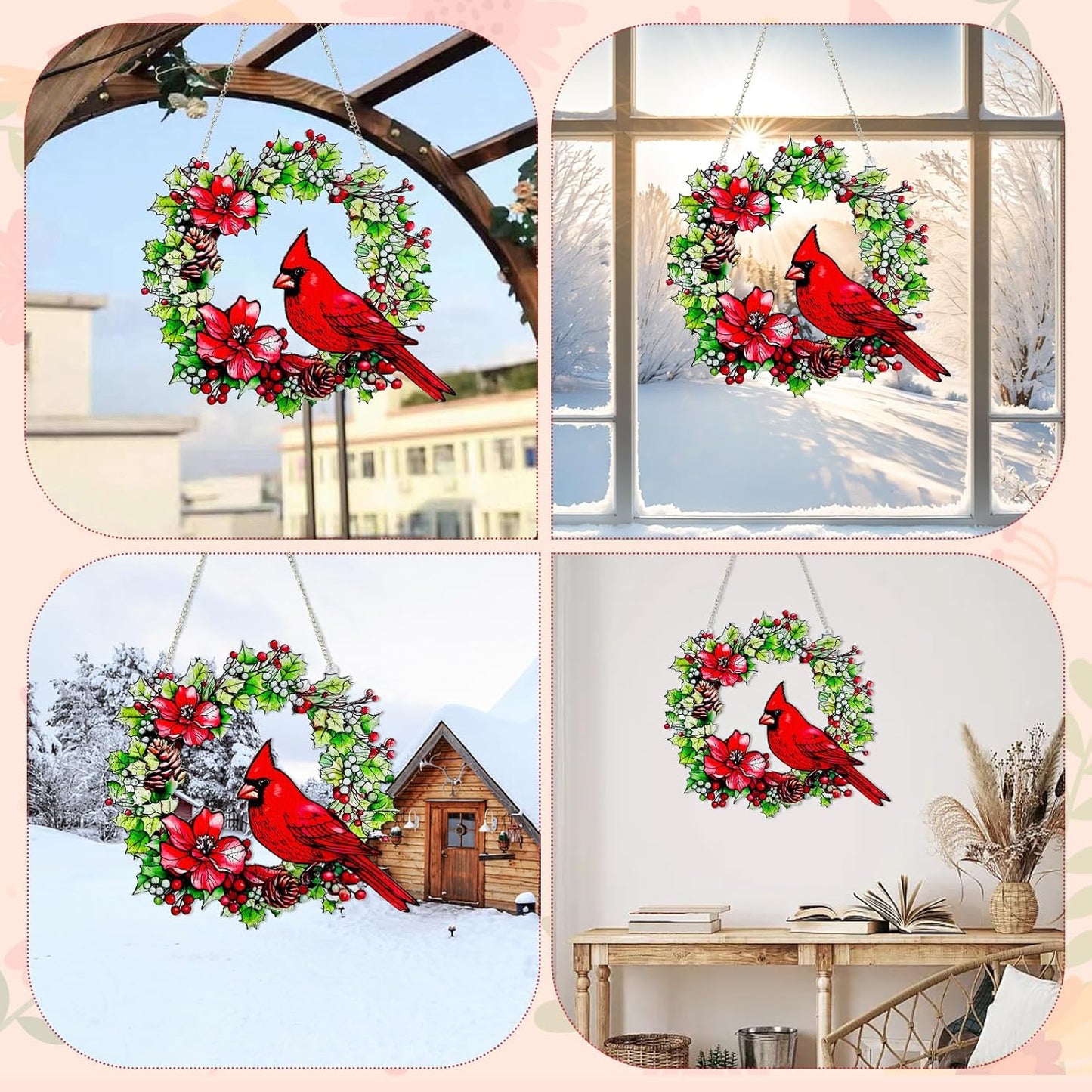 Cardinal Stained Glass Window Hanging, Renyalora 10 Inch Red Cardinal Bird Wreath Suncatcher with Flowers & Pinecones, Real Glass Window Decor Gift for Bird Lovers Mom Women Home Garden