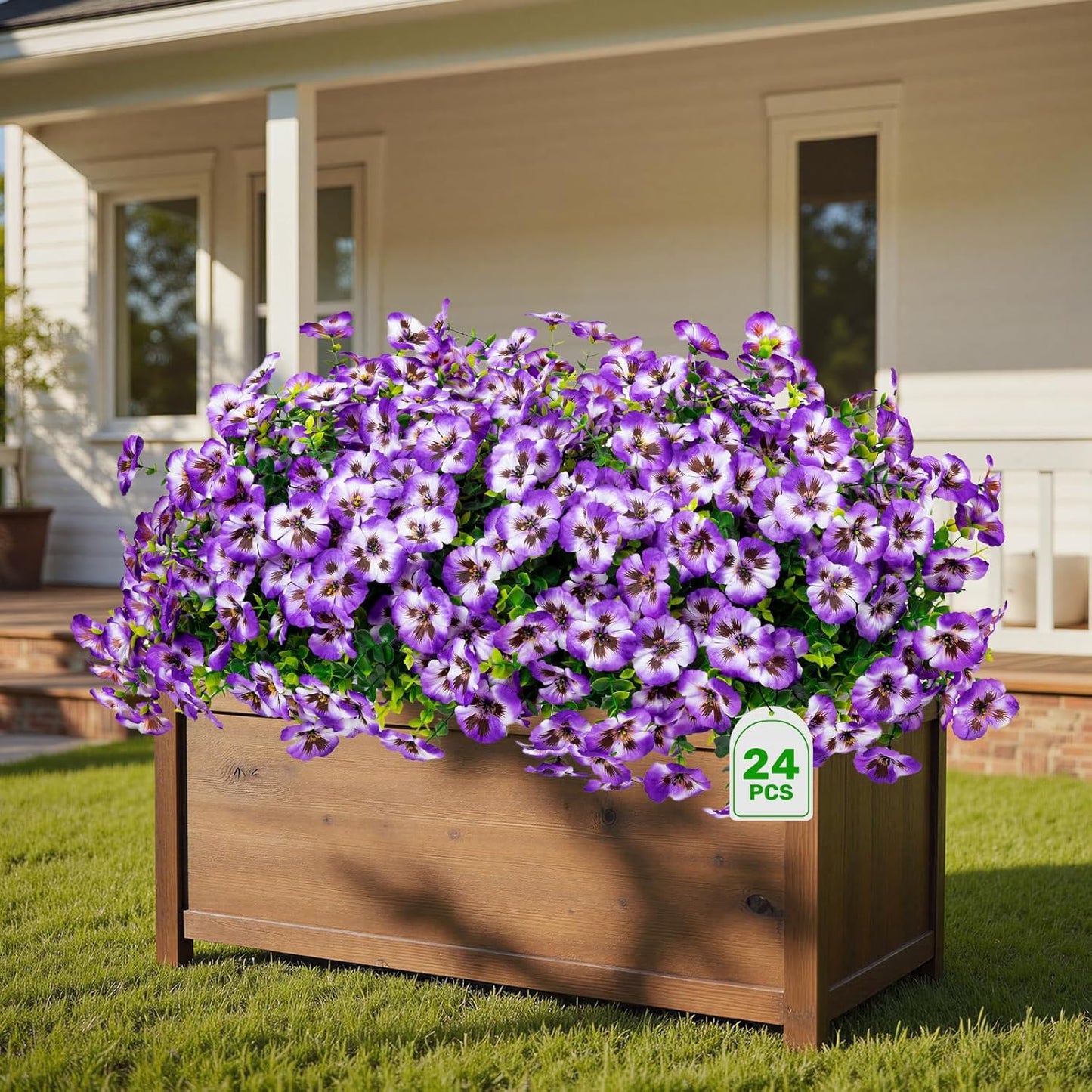 24 Pcs Artificial Fake Pansy Flowers for Outdoor,Faux Silk Plants Flowers UV Resistant Pansies Spring Flowers for Planter Front Door Porch Yard Patio garden Window Box Home Decor(Purple White)