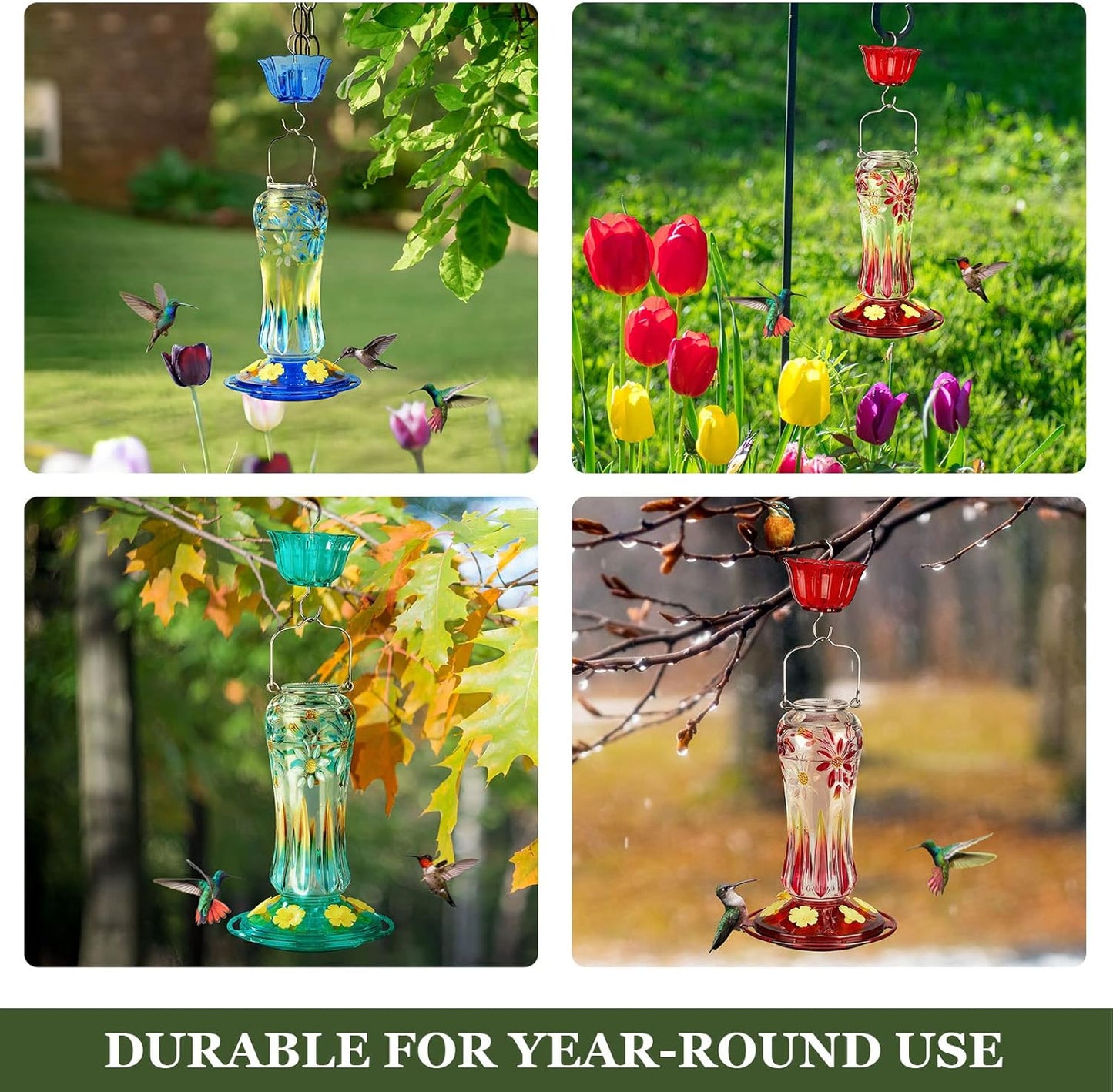 Kingsyard Glass Hummingbird Feeders for Outdoors Hanging, 25 oz Leak Proof Hummingbird Feeder with Ant Moat & 6 Bee Proof Feeding Ports, Red