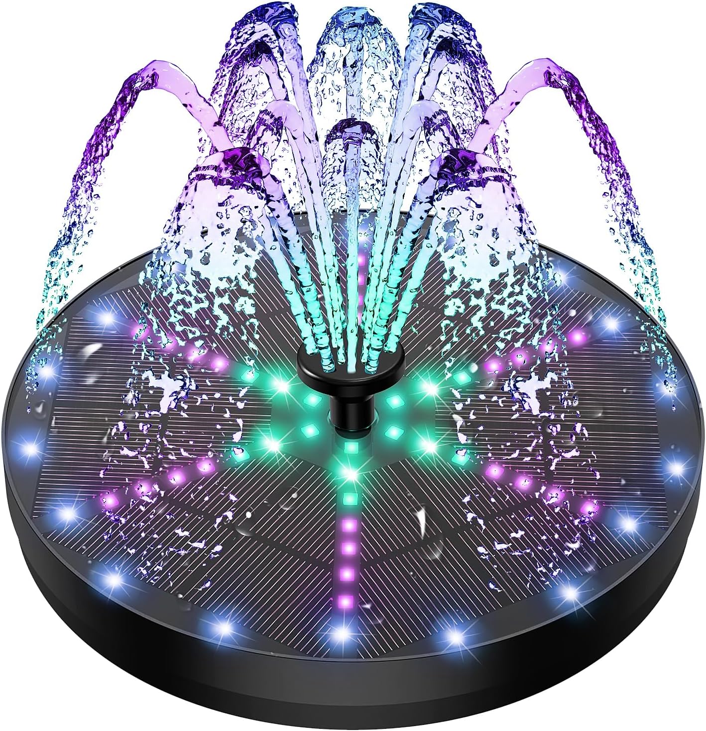 Yzert Upgraded Solar Fountain Bird Bath with 60 LED Lights, Solar Powered Water Fountain Pump with 4000mAh Battery 7 Nozzles 4 Fixers, for Garden Patio Pond Birdbath Pool