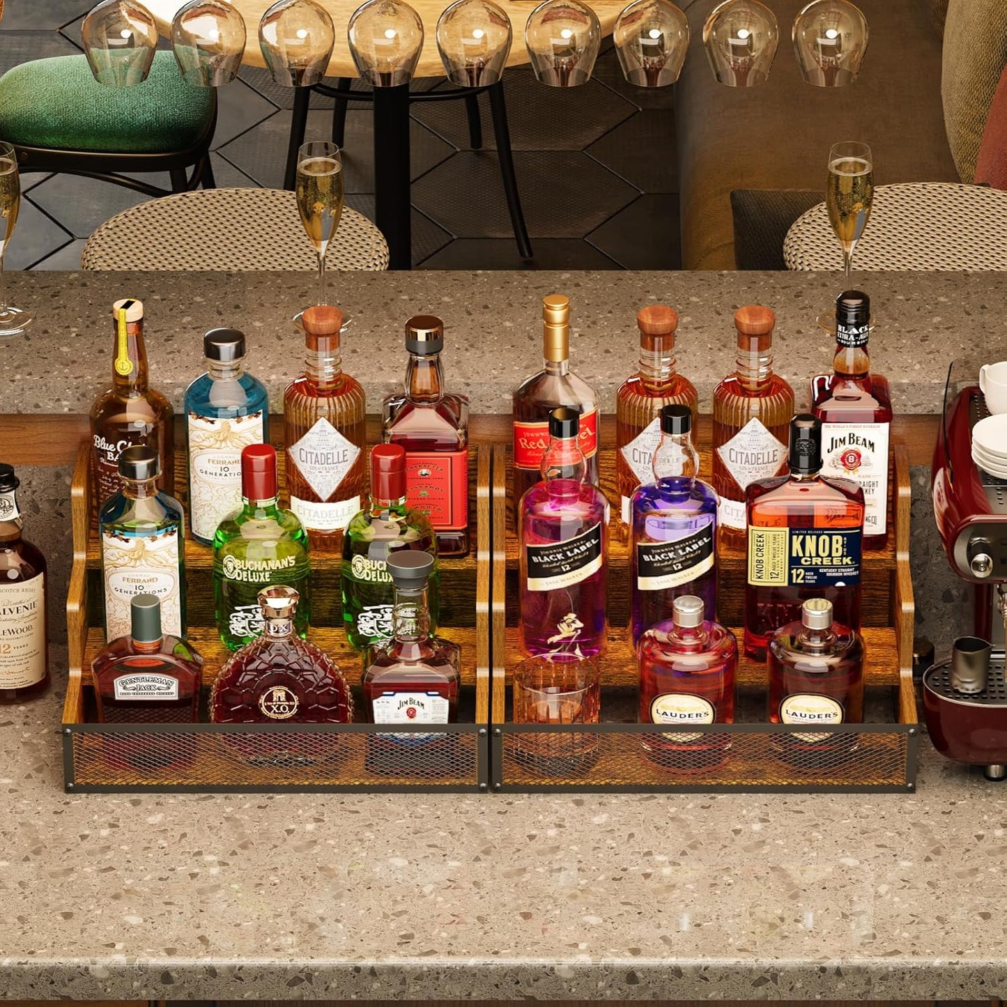 3 Step Countertop Liquor Bottle Display Shelf, Wood Bar Shelves 12 Bot