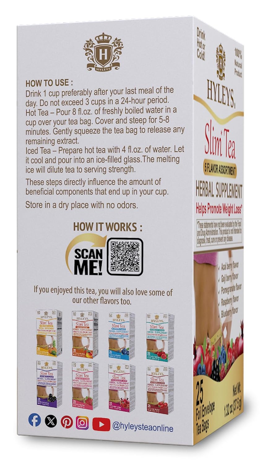 HYLEYS Slim Tea 5 Flavor Assortment - Weight Loss Herbal Supplement Cleanse and Detox - 25 Tea Bags (1 Pack) - Assorted Tea Variety Pack