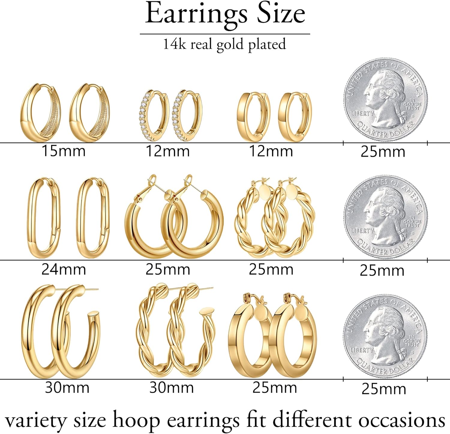 Yesteel 9 Pairs Gold Hoop Earrings for Women, 14K Real Gold Plated Chu