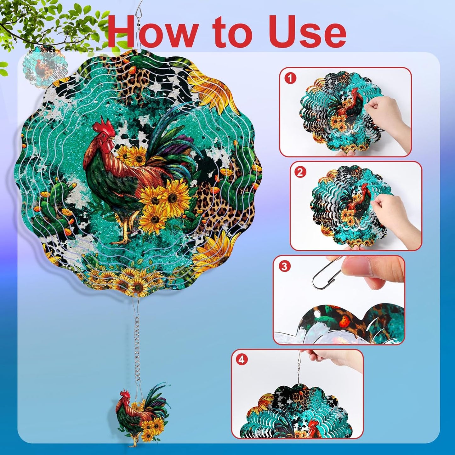 Rooster Wind Spinners Outdoor - Chicken 3D Metal Yard Wind Spinner Hanging Decor, Wind Spinners for Women Mom Men Grandma Dad Grandpa, (12 X 12 Inches)