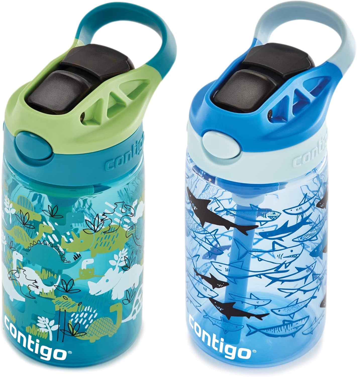 Contigo Aubrey Kids Water Bottle, 2-Pack, 14oz, Dinos & Sharks, Spill-