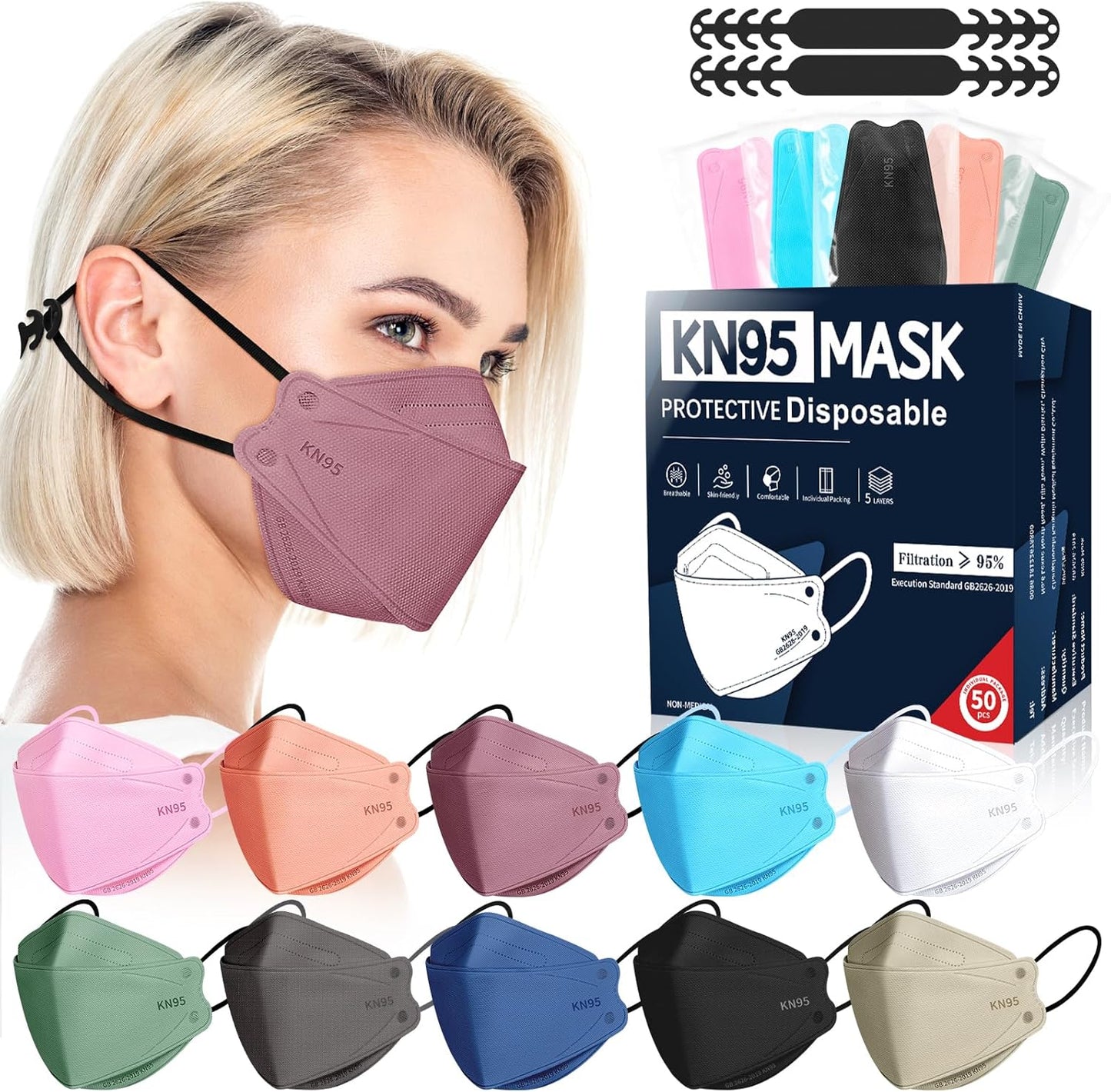 FENFEN KN95 Face Masks Disposable Adults - 50 Pack 5 Layer Protection 