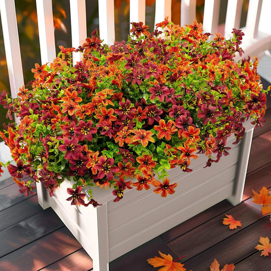 12 Bundles Faux Fall Flowers Artificial Mums for Outdoors Fake Plants UV Resistant for Planters Pots Garden Outside Front Porch Patio Hanging Basket Home Autumn Decoration (Orange+Brown)