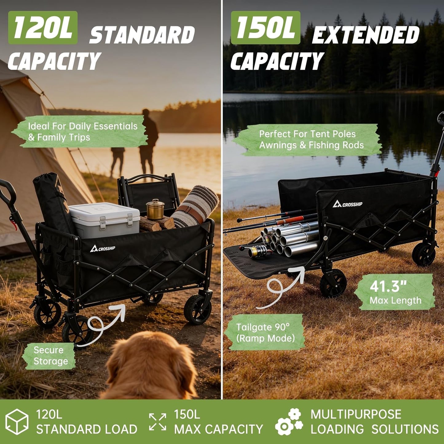Collapsible Wagon Cart with Drop-Down Tailgate, 150L Heavy Duty Foldable Garden Cart 350 lbs Capacity, All-Terrain Wheels Utility Wagon for Beach, Camping, Long Items & Pet Transport