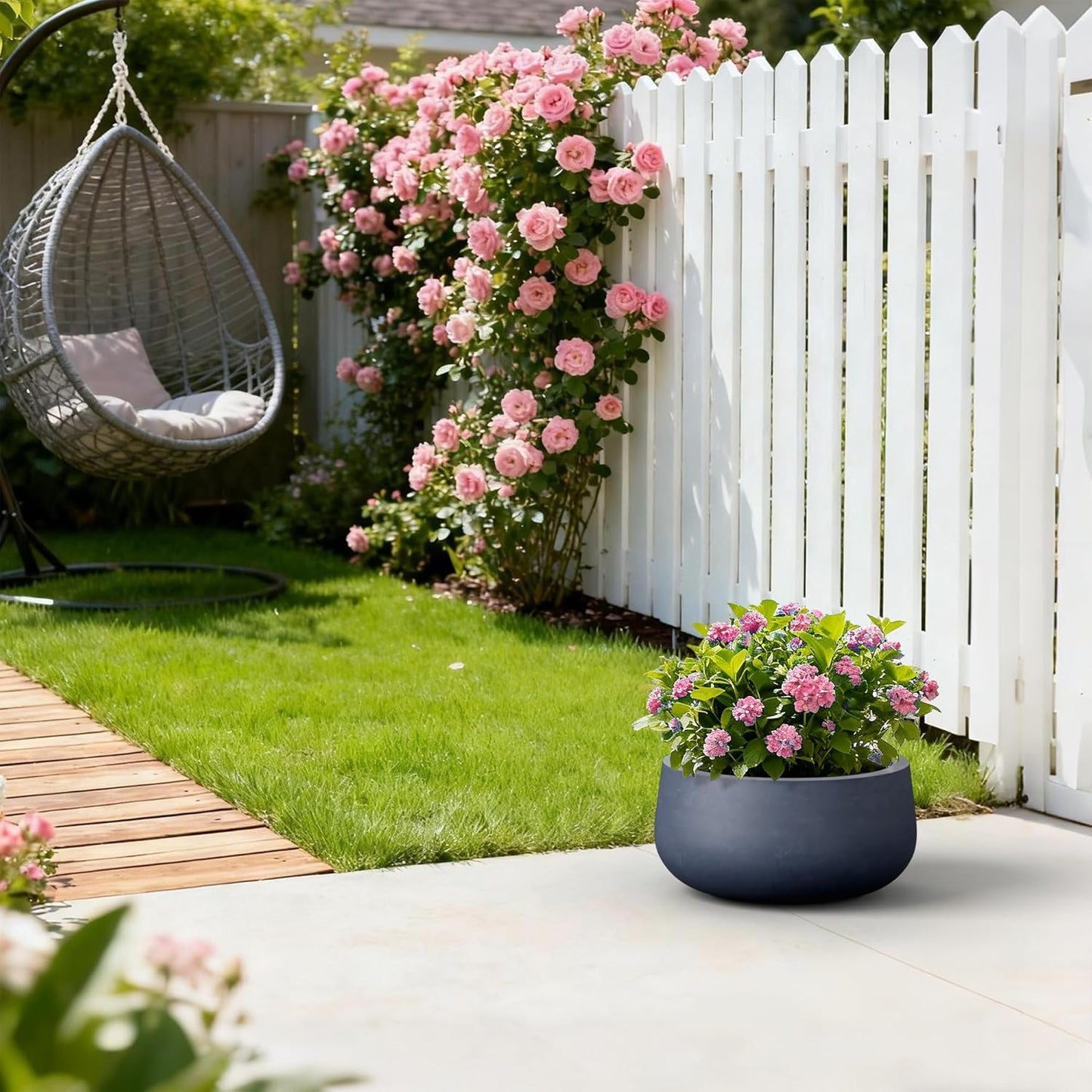 Kante 15.7" Dia Round Concrete Planter, Outdoor Indoor Garden Plant Pots with Drainage Hole and Rubber Plug, Modern Curvaceous Design, Charcoal