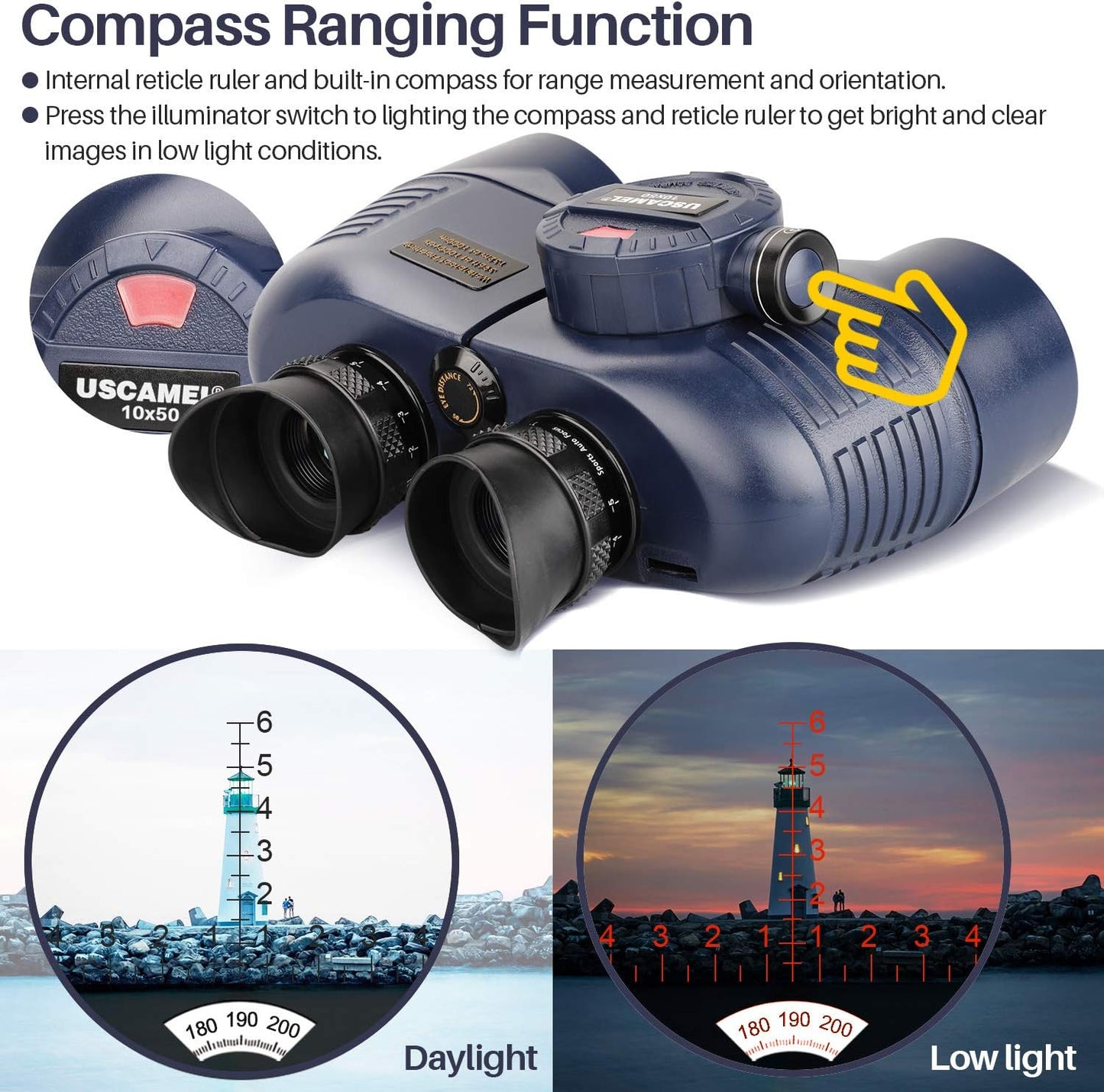 USCAMEL 10x50 Marine Binoculars for Adults, Waterproof Binoculars with Rangefinder Compass Tripod Adapter，BAK4 Prism FMC Lens for Navigation Bird Watching Hunting